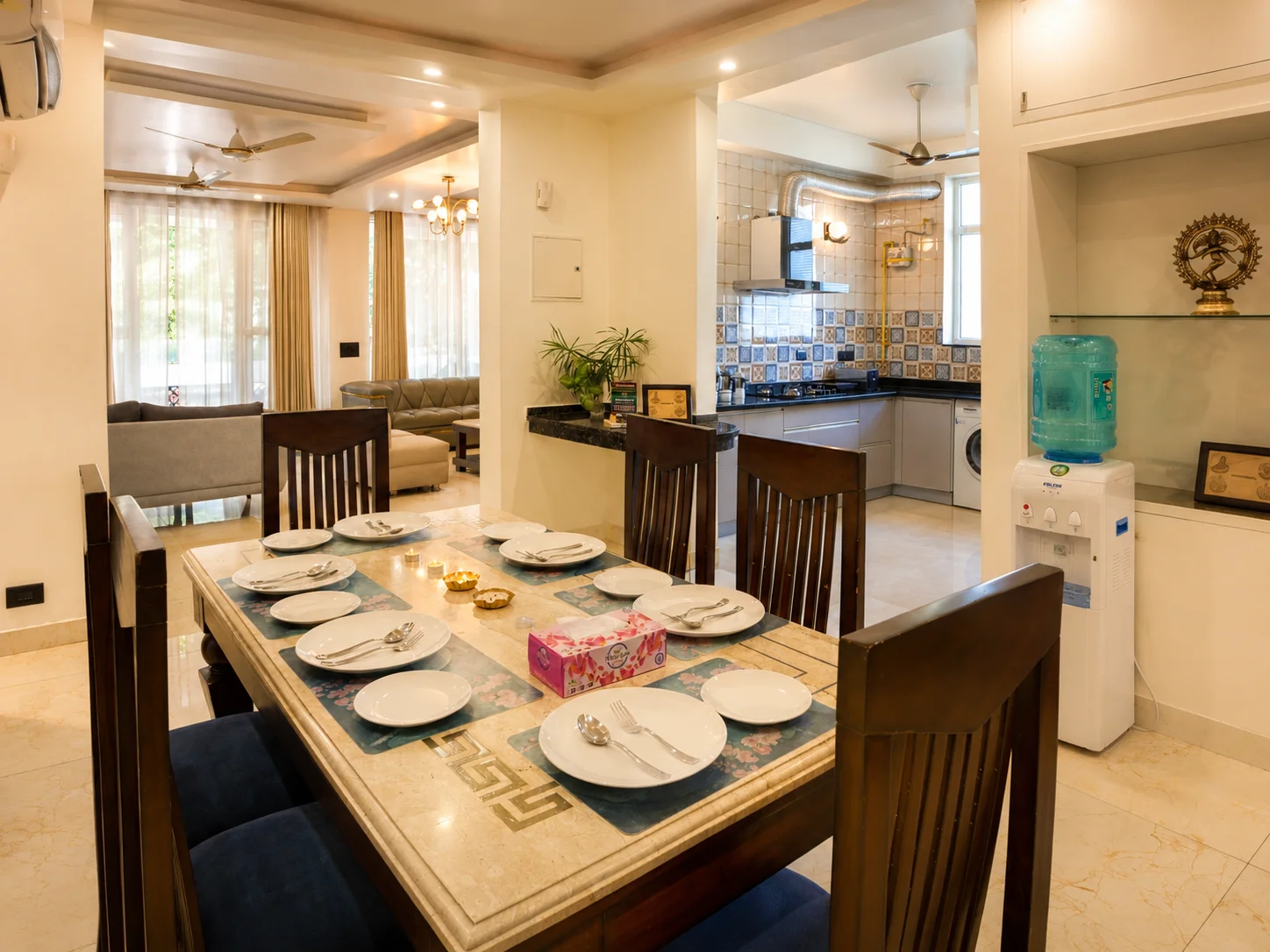Refined family dining room layout at The Palatial Homes, the best homestay in Dehradun Dalanwala